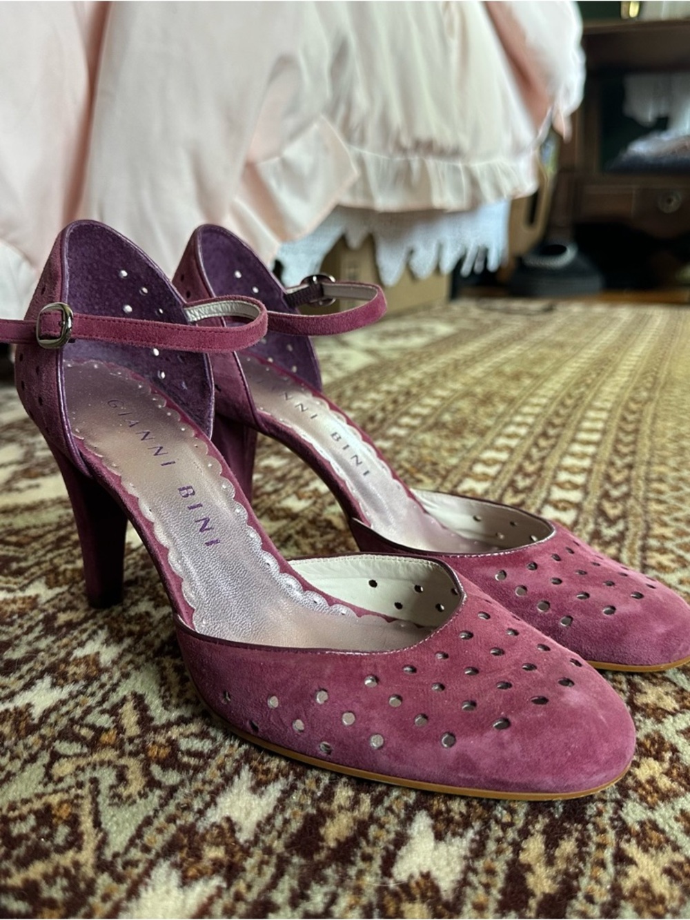 Gianni Bini Rose Pink Suede Perforated Mary Jane Heels